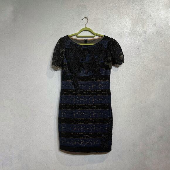 Jovani Blue Striped Lace Mini Sheath Dress Sz 12 - Picture 2 of 14